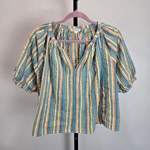 Roller Rabbit Puff Sleeve Poplin Cotton Striped Crop Flowy Top‎ Blouse Small